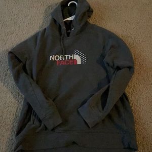 Women’s gray red white and blue north face hoodie